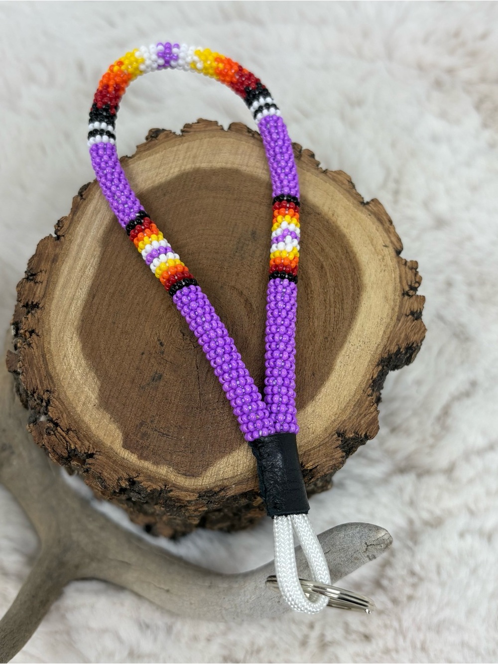 Handmade Beaded Lanyard in Purple with Fire Accents